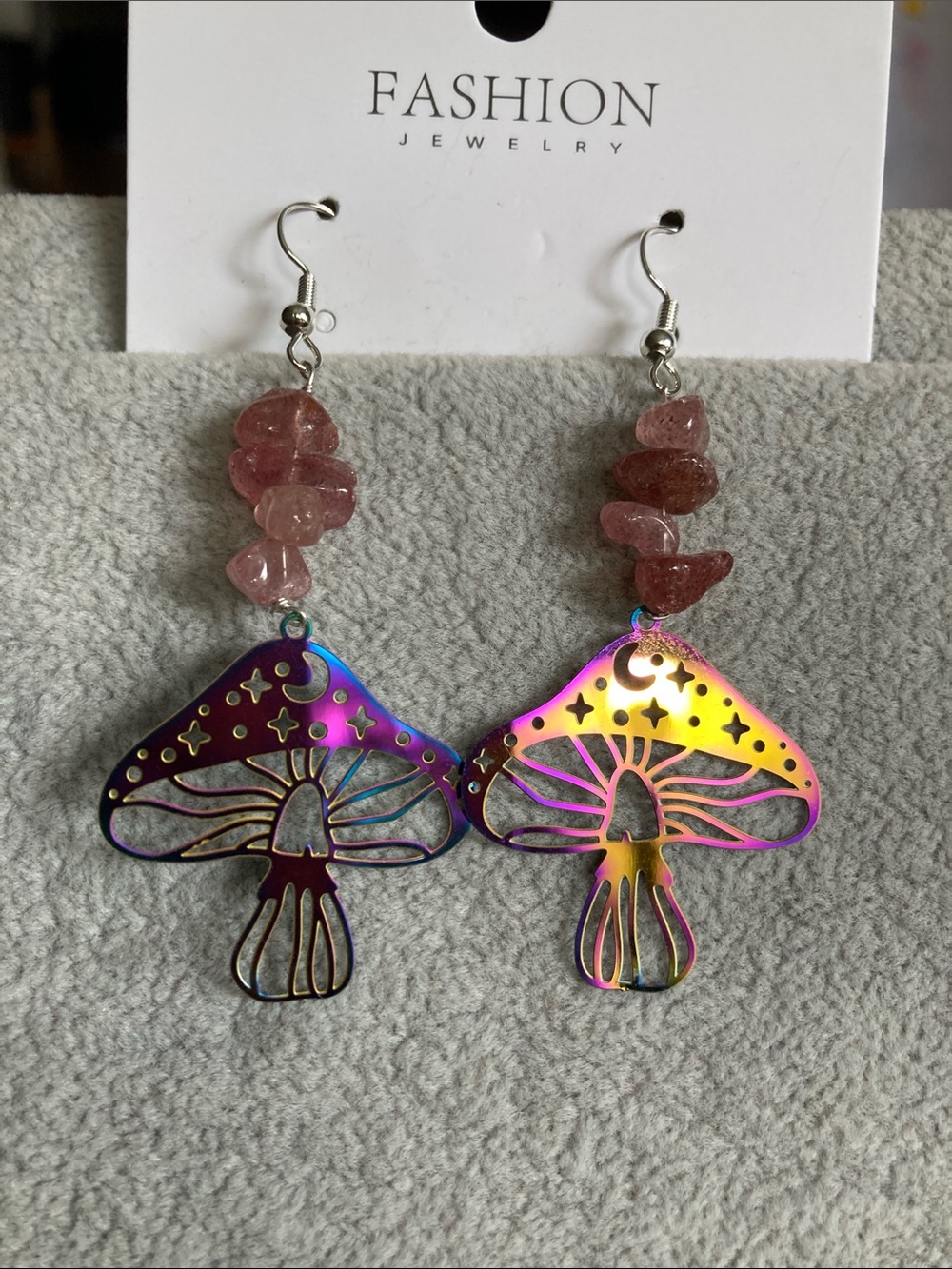Crystal Jewelry Pink Chip Bead and Iridescent Rainbow Mushroom Dangle Earrings